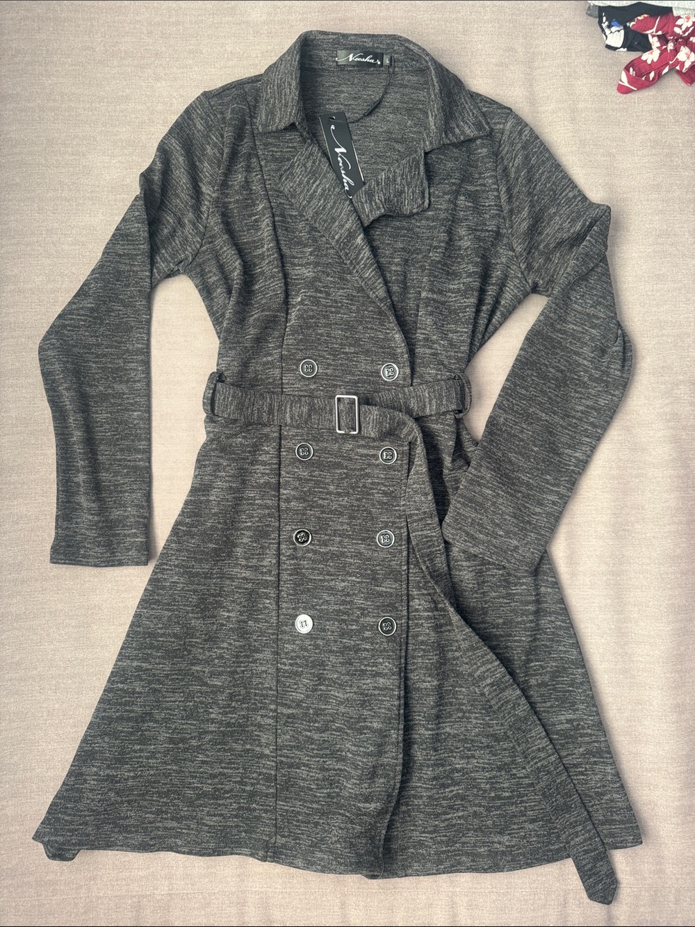Heather Charcoal Knit Belted Trench Coat